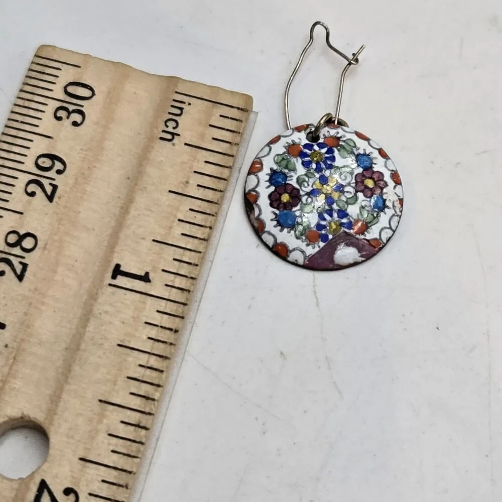 Vintage Austrian Earings Enameled On Copper Flowers Dangle Folk Art
